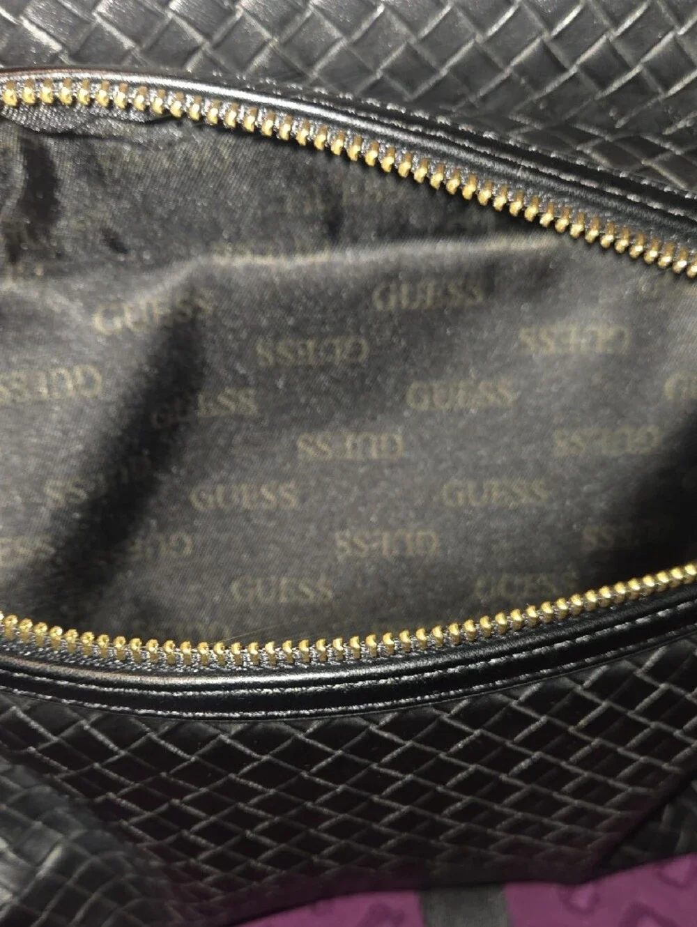 GUESS Black Woven-Texture Backpack with Gold Zipper Accents